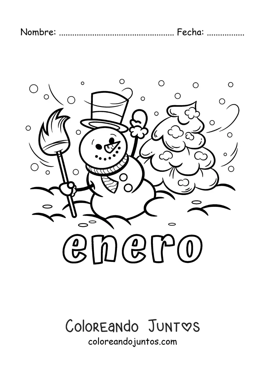 Imagen para colorear de enero con un hombre de nieve animado y un pino