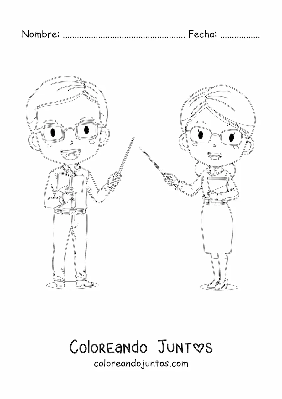 Imagen para colorear de una pareja de profesores con apuntadores de pizarra