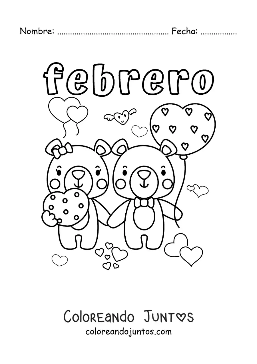 Imagen para colorear de febrero con dos osos de san valentín enamorados