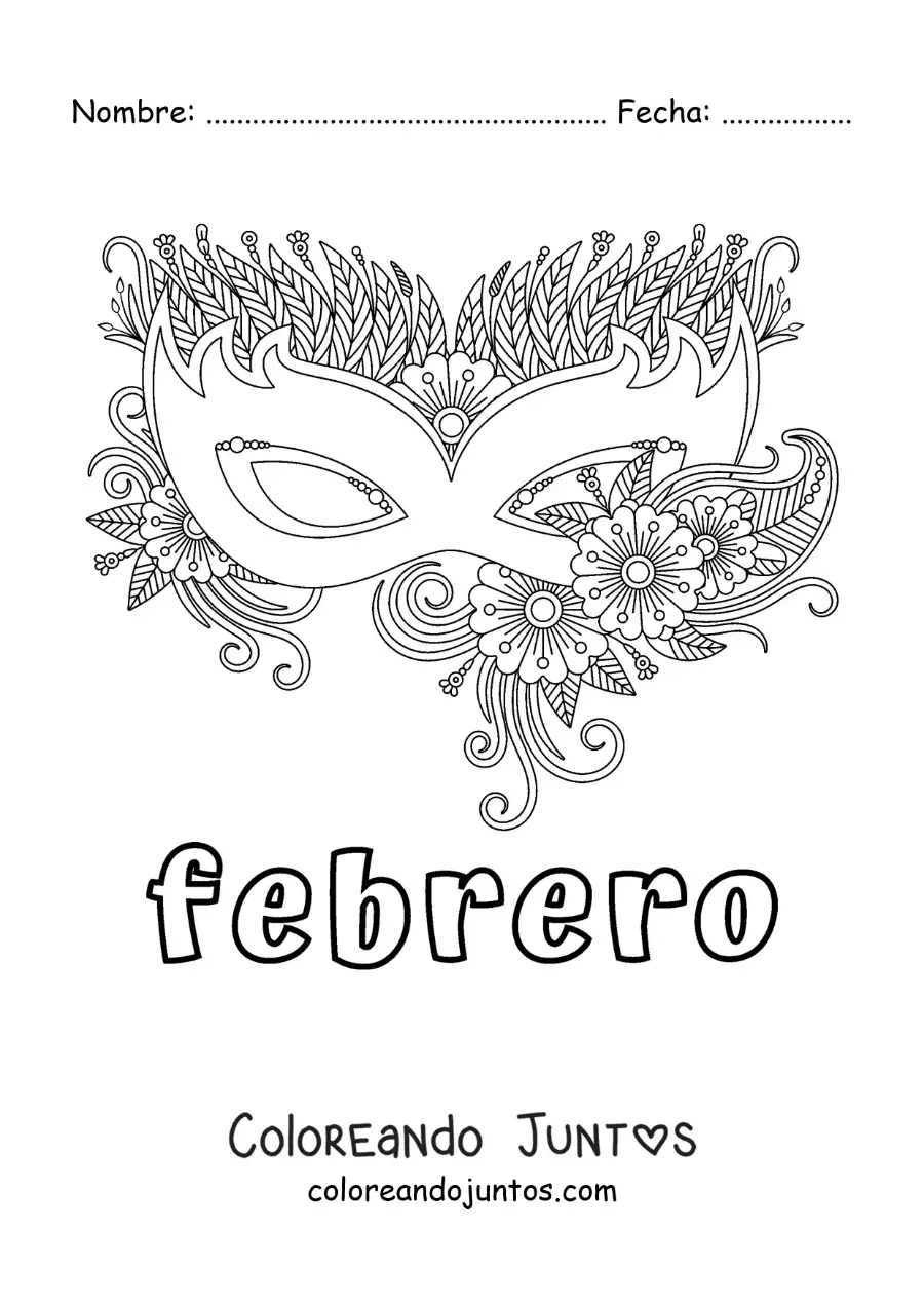 Imagen para colorear de febrero con una máscara de carnaval