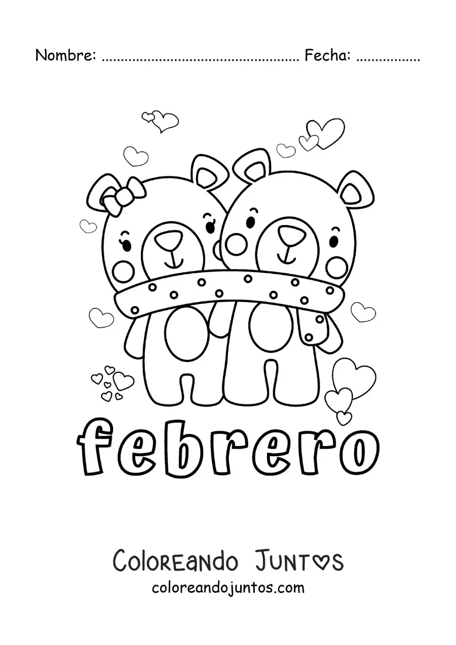Imagen para colorear de febrero con una pareja de osos en el día de los enamorados