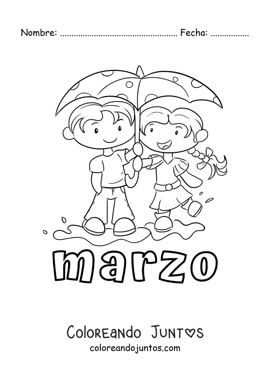 Imagen para colorear de marzo con dos niños con paraguas bajo la lluvia