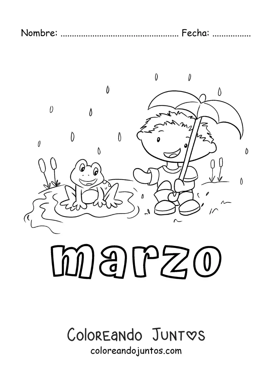 Imagen para colorear de marzo con un niño bajo la lluvia junto a un sapo animado