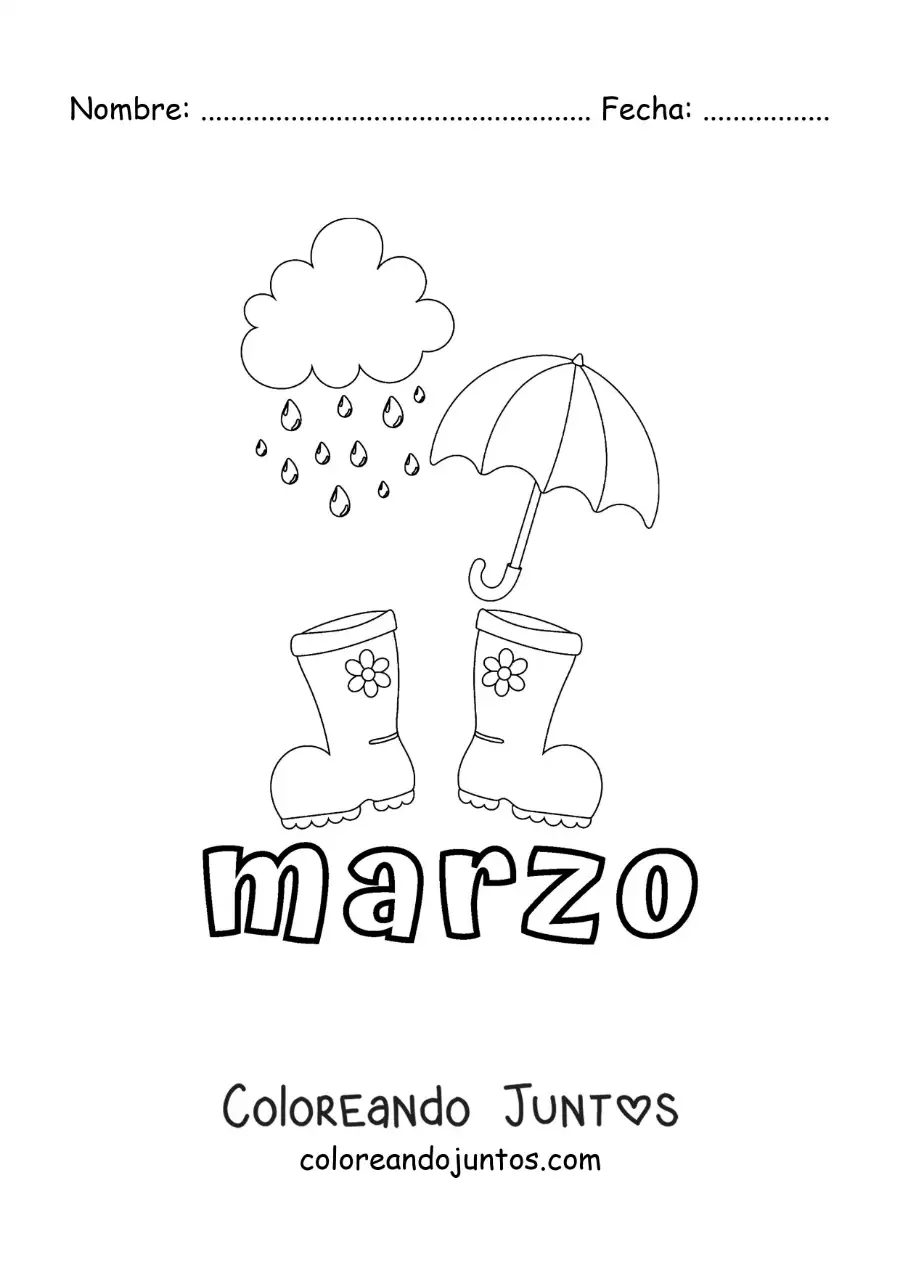 Imagen para colorear de marzo con un paraguas y unas botas de lluvia