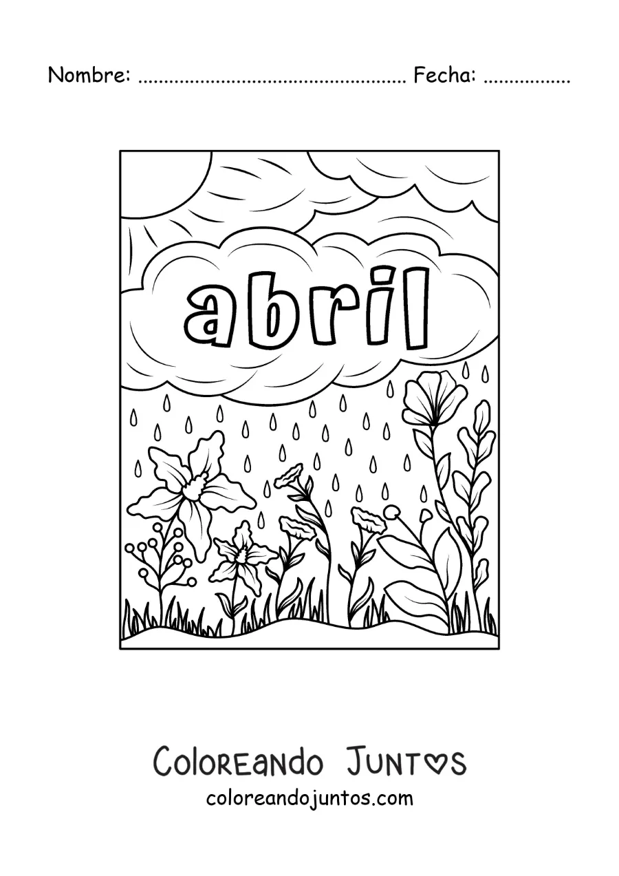 Imagen para colorear de abril con un paisaje con flores y lluvia