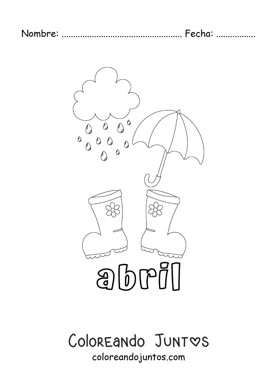 Imagen para colorear de abril con botas de lluvia y un paraguas