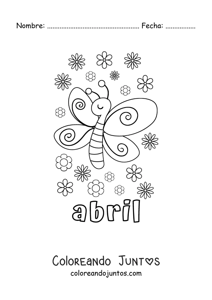 Imagen para colorear de abril con una mariposa animada con flores