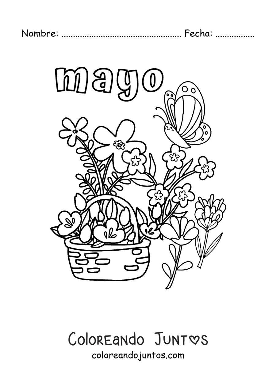 Imagen para colorear de mayo con flores de primavera en una canasta y una mariposa