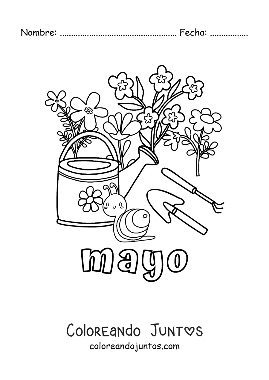 Imagen para colorear de mayo con flores junto a herramientas de jardinería y un caracol animado
