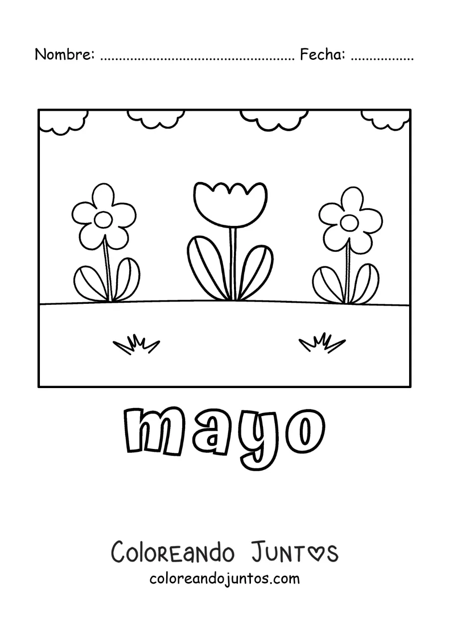 Imagen para colorear de mayo con flores sencillas en un jardín