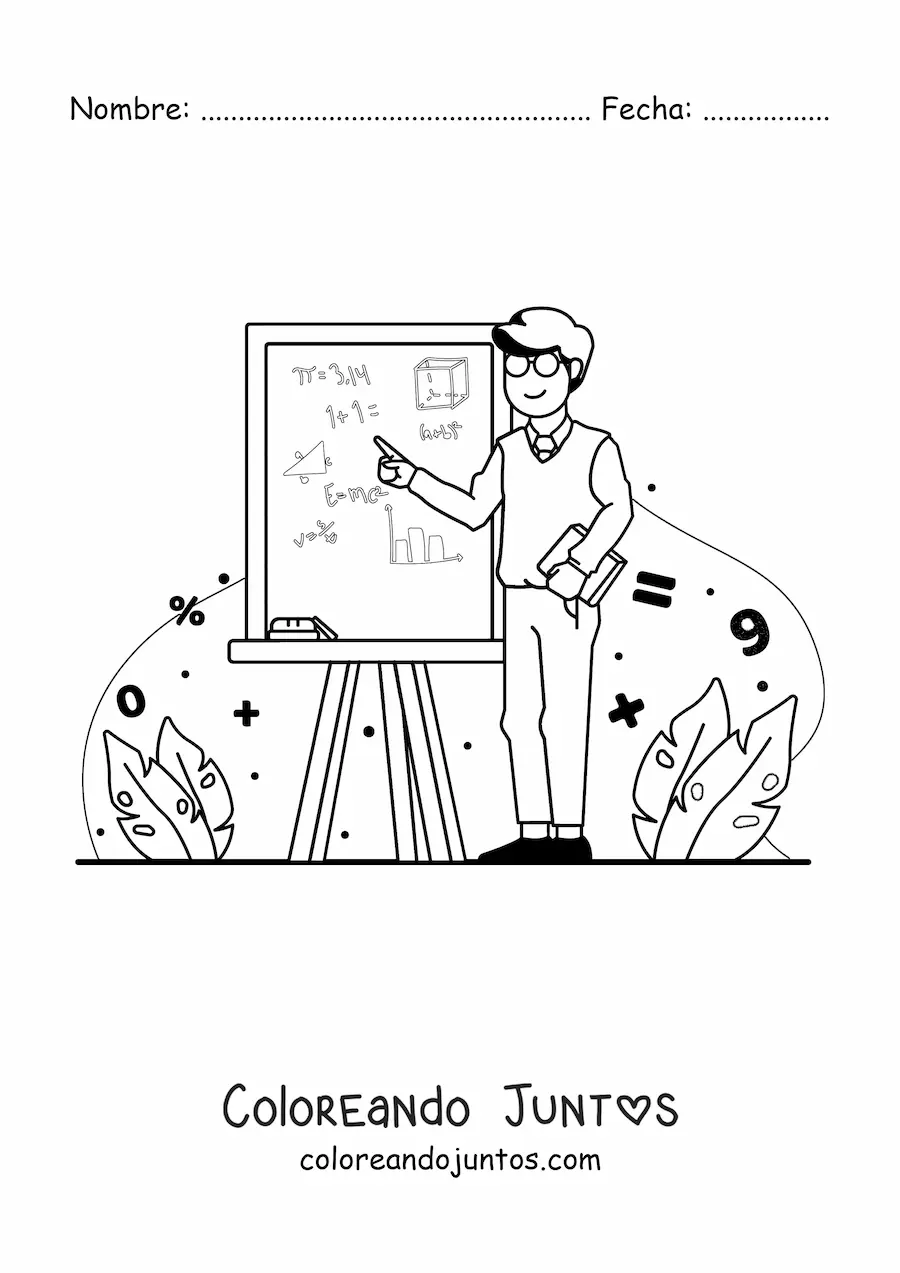 Imagen para colorear de un profesor señalando una pizarra con fórmulas matemáticas