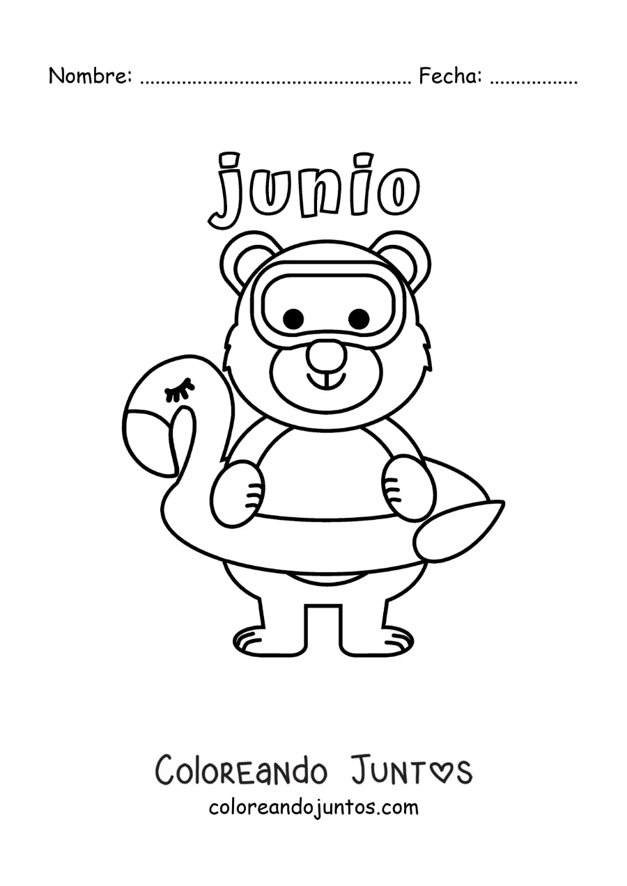Imagen para colorear de junio con un oso animado con un salvavidas y lentes de buceo
