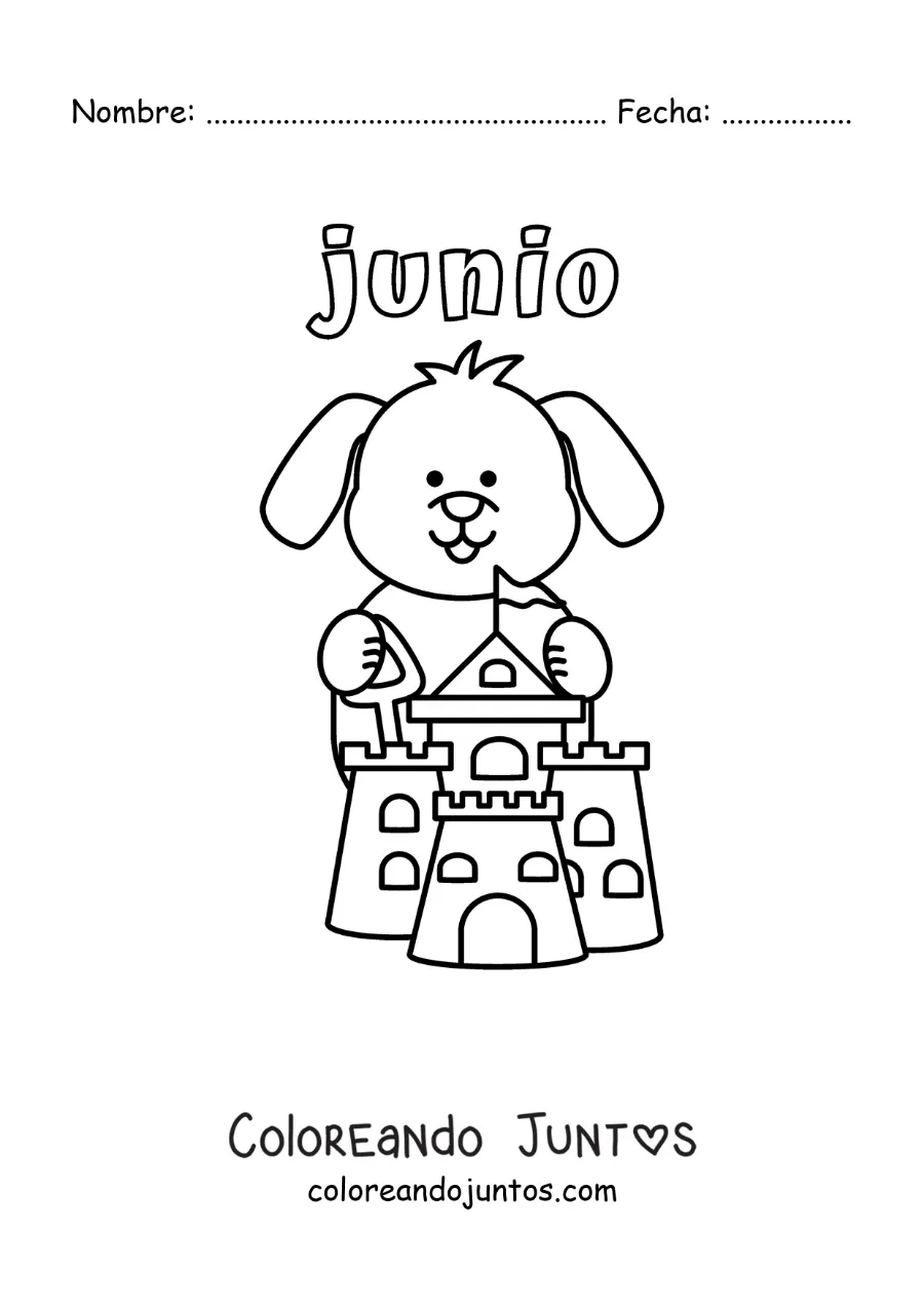 Imagen para colorear de junio con un perro animado haciendo un castillo de arena