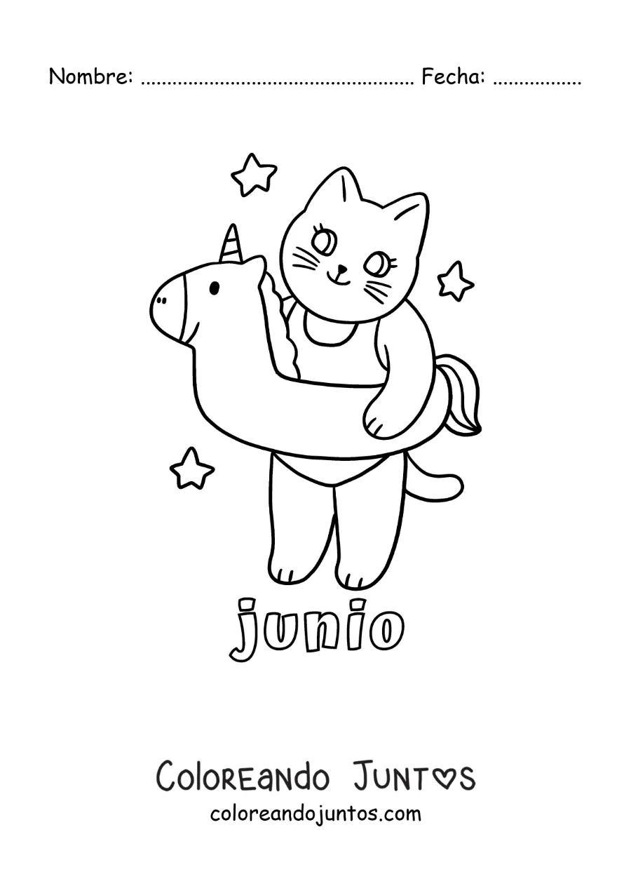 Imagen para colorear de junio con un gato animado con un salvavidas