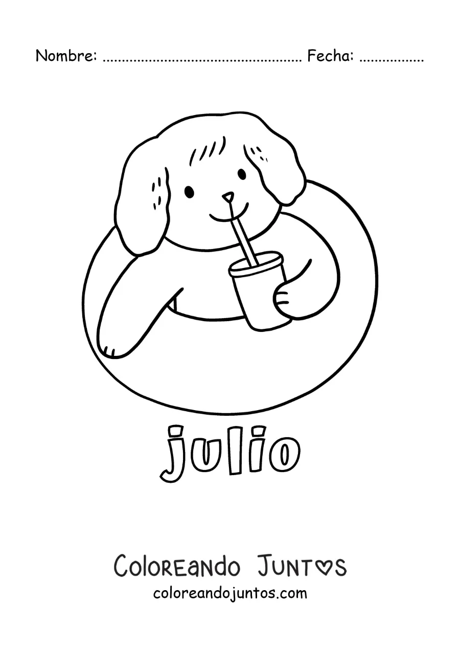 Imagen para colorear de julio con un perro animado en la piscina tomando una bebida