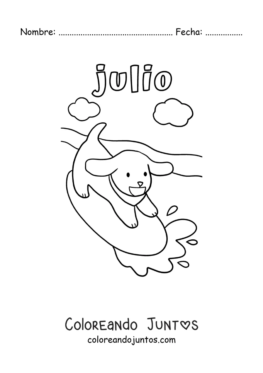Imagen para colorear de julio con un perro animado surfeando