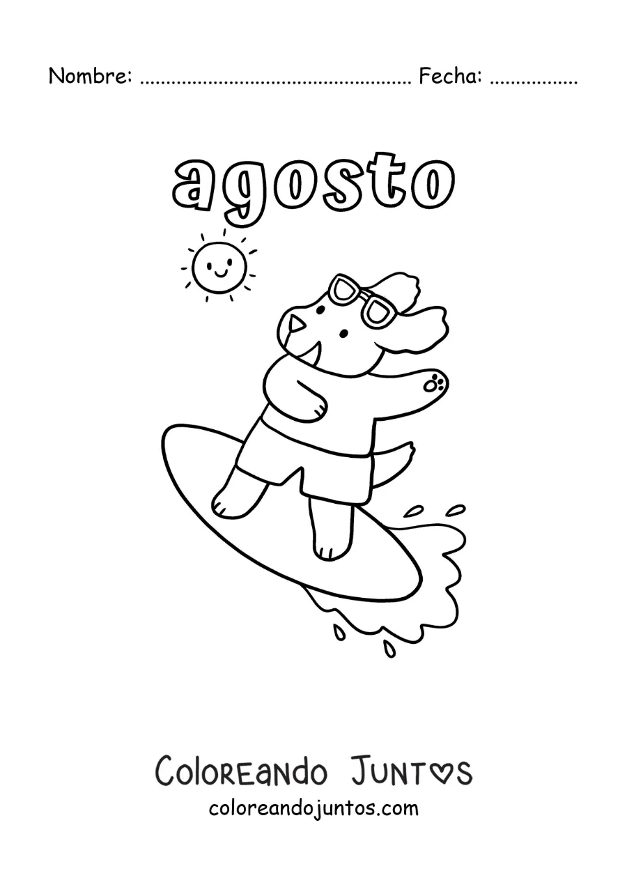 Imagen para colorear de agosto con un perro animado surfeando