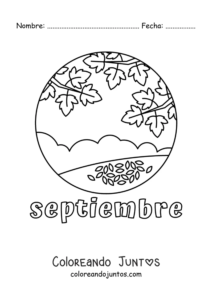 Imagen para colorear de septiembre con hojas cayendo en otoño