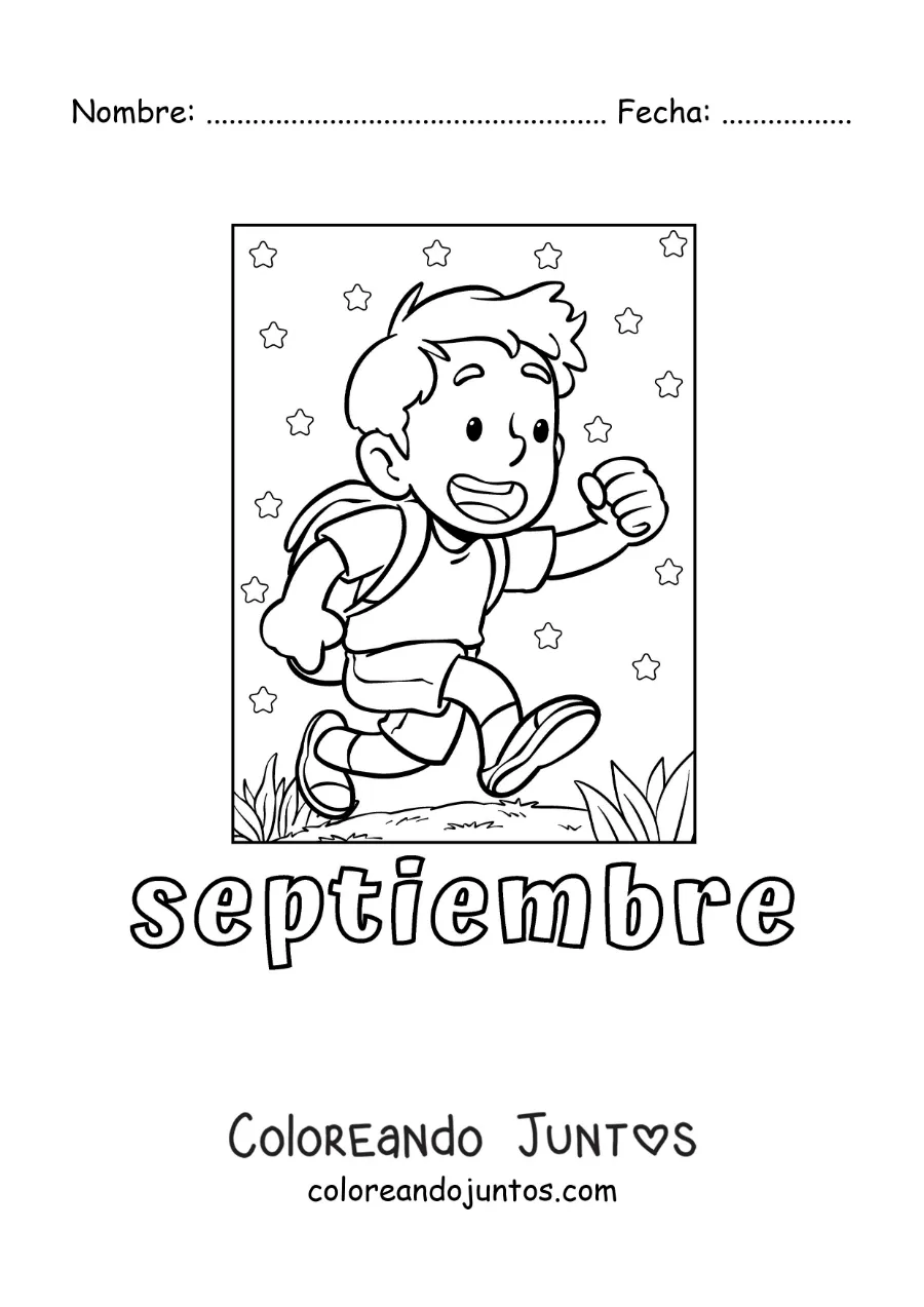 Imagen para colorear de septiembre con un niño camino a clases