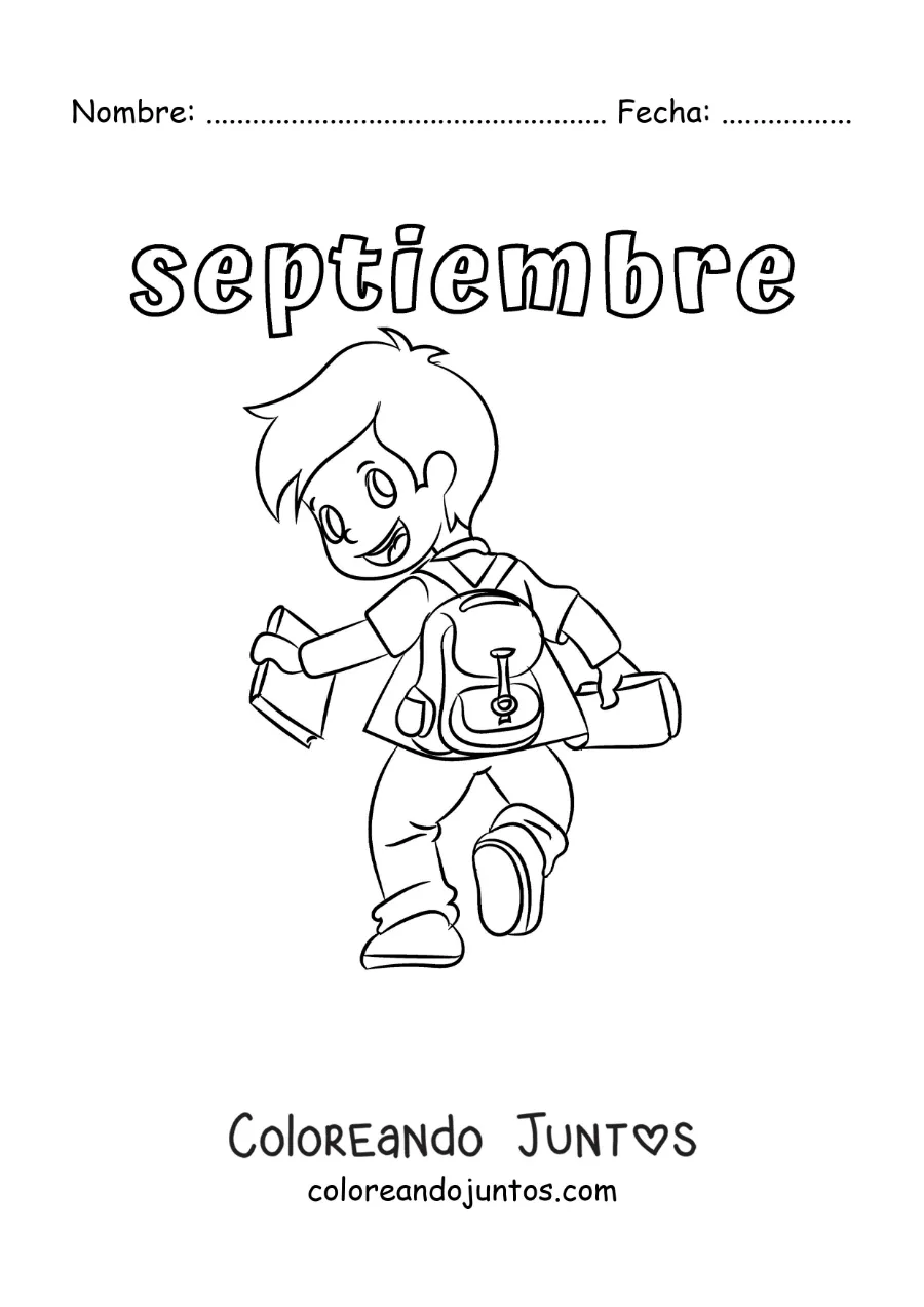 Imagen para colorear de septiembre con un niño de camino a la escuela