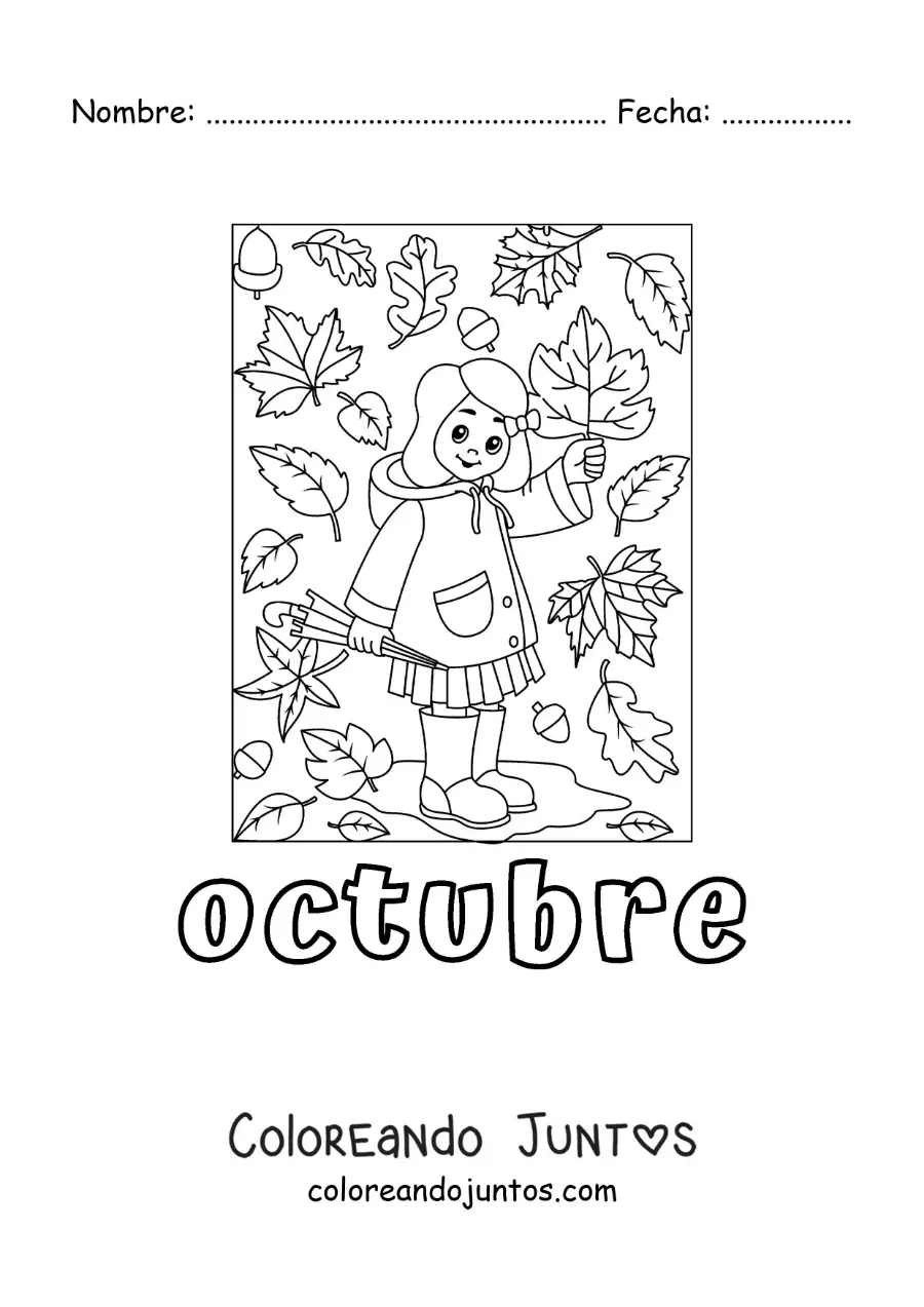 Imagen para colorear de octubre con una niña con hojas de otoño