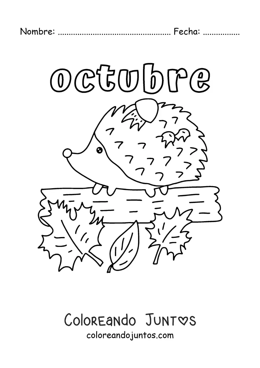 Imagen para colorear de octubre con un puercoespín con hojas de otoño
