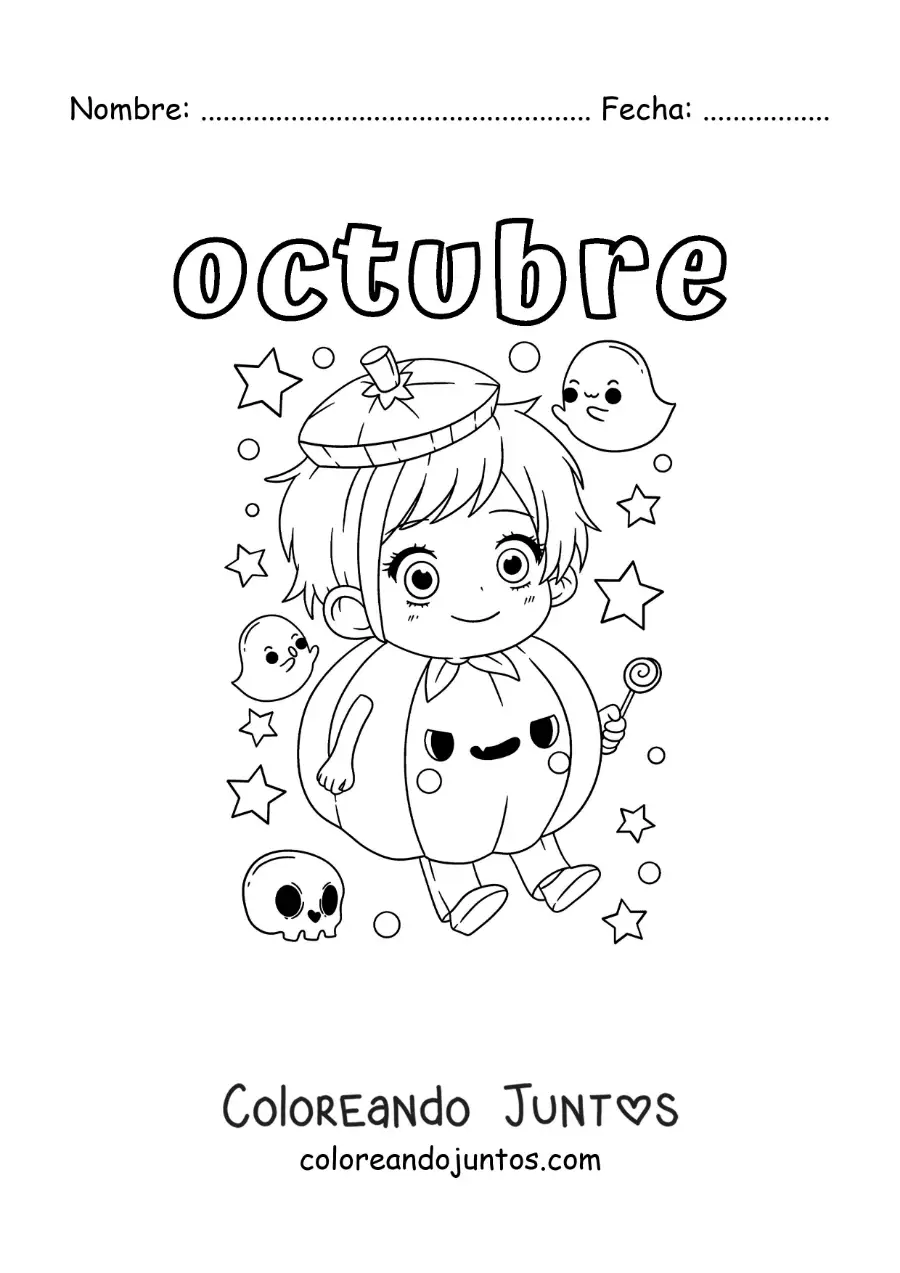 Imagen para colorear de octubre con un niño disfrazado de calabaza kawaii de halloween