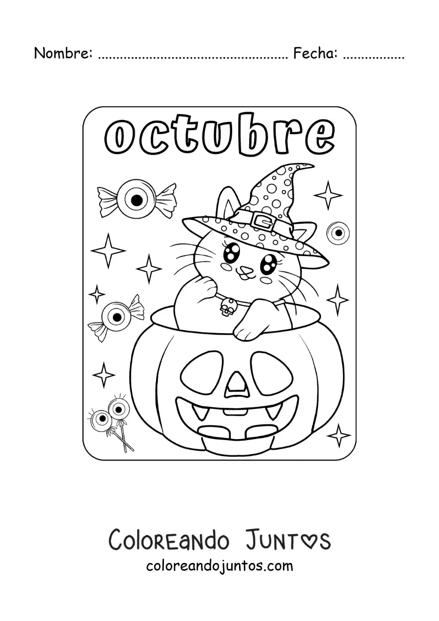 Imagen para colorear de octubre con un gato kawaii dentro de una calabaza de halloween