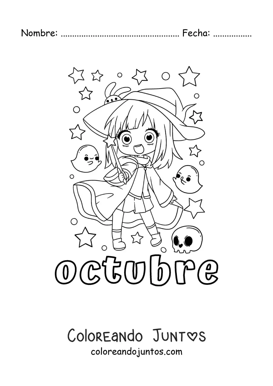 Imagen para colorear de octubre con una niña disfrazada de bruja kawaii de halloween