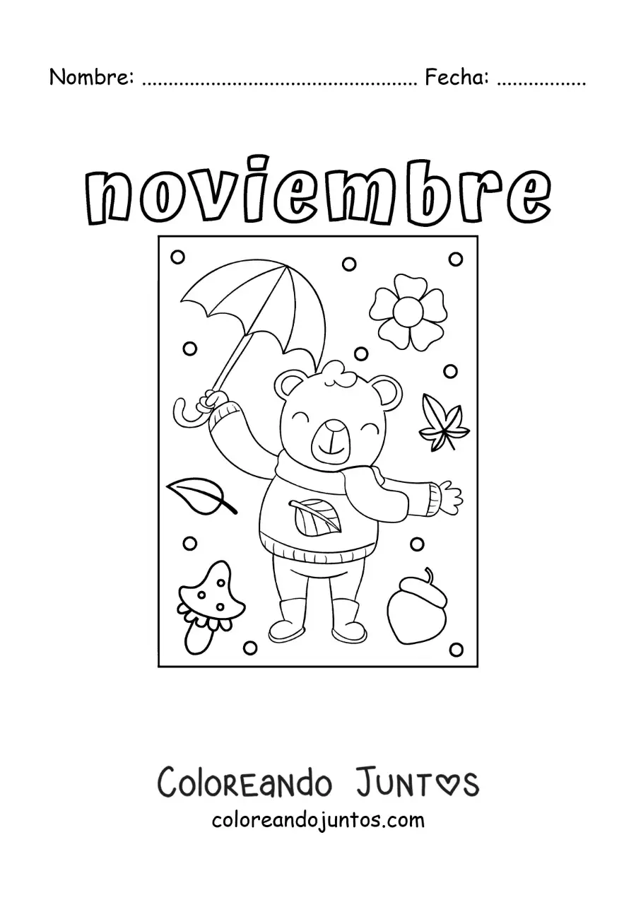 Imagen para colorear de noviembre con un oso animado con un abrigo de otoño
