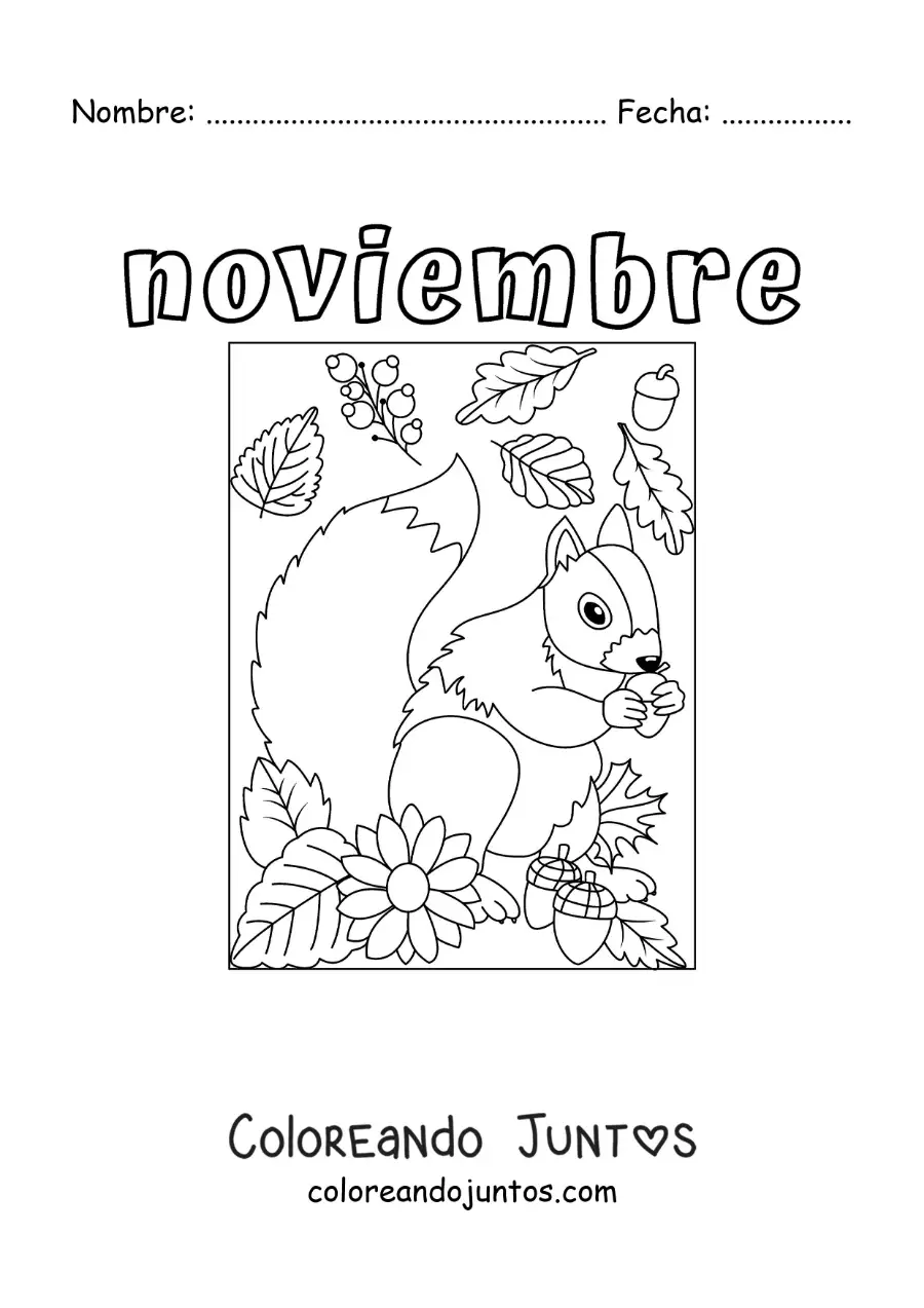 Imagen para colorear de noviembre con una ardilla con hojas de otoño