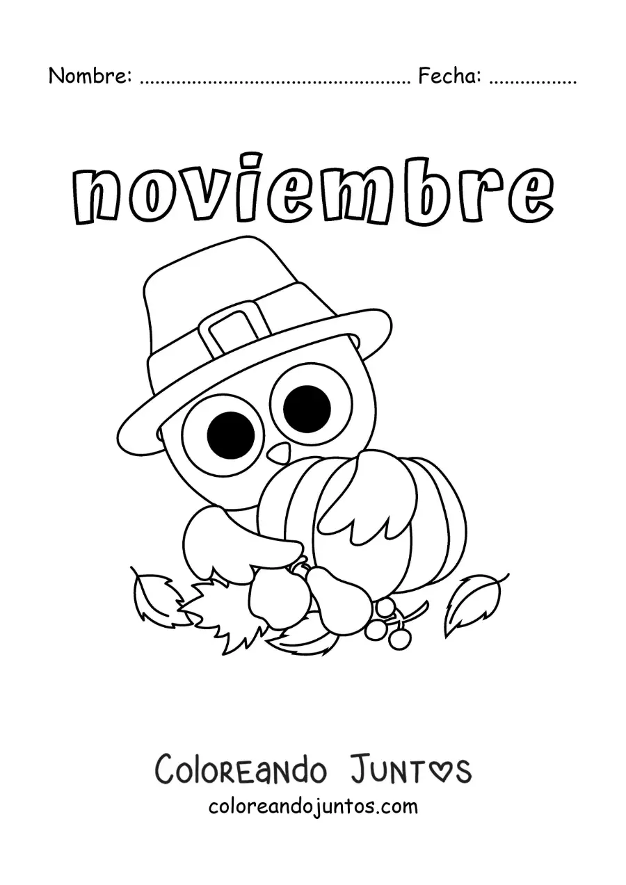 Imagen para colorear de noviembre con un búho animado de acción de gracias