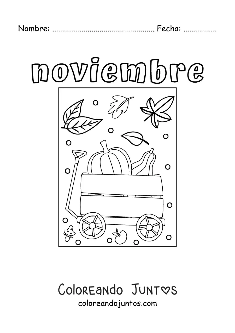 Imagen para colorear de noviembre con una carreta con calabazas de otoño