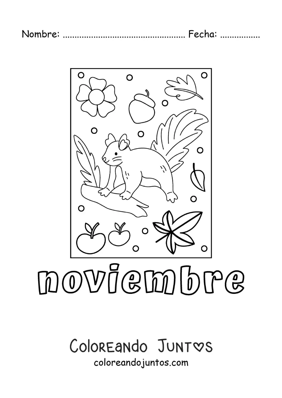 Imagen para colorear de noviembre con una ardilla animada con hojas de otoño