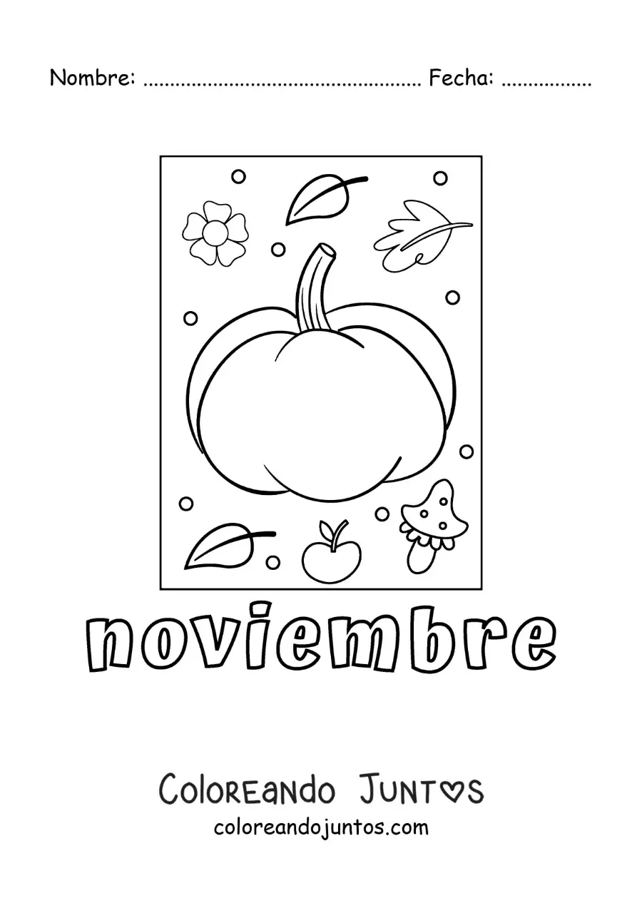 Imagen para colorear de noviembre con una calabaza con hojas de otoño