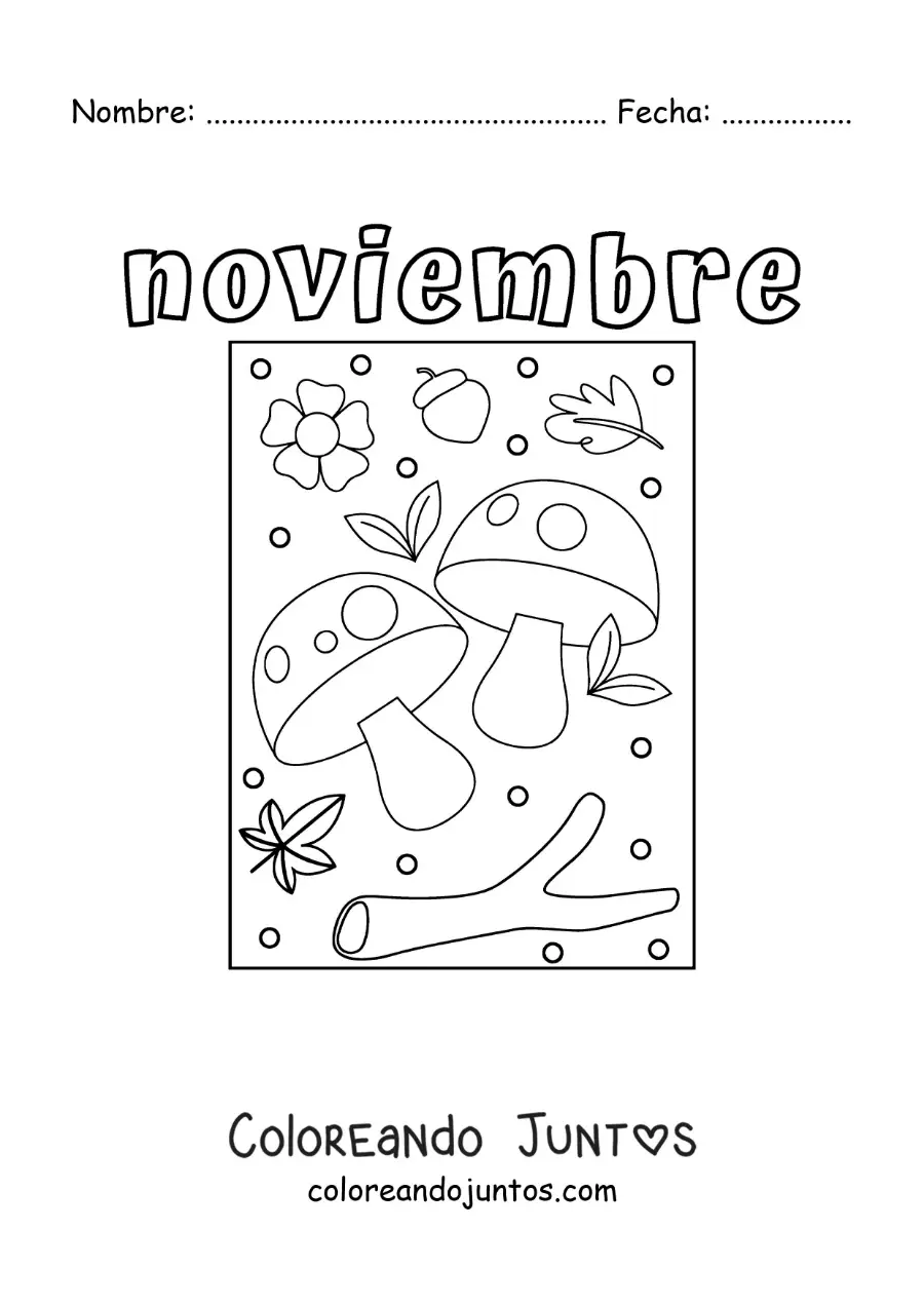 Imagen para colorear de noviembre con hongos y hojas de otoño