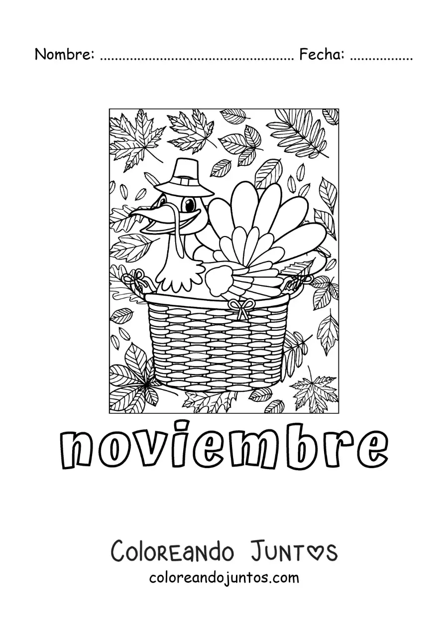 Imagen para colorear de noviembre con un pavo animado de acción de gracias