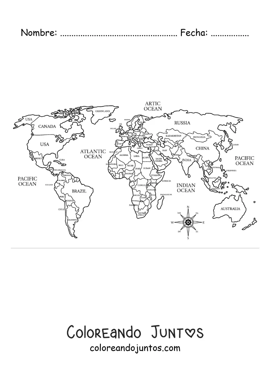 Imagen para colorear de mapamundi político con los nombres de los países