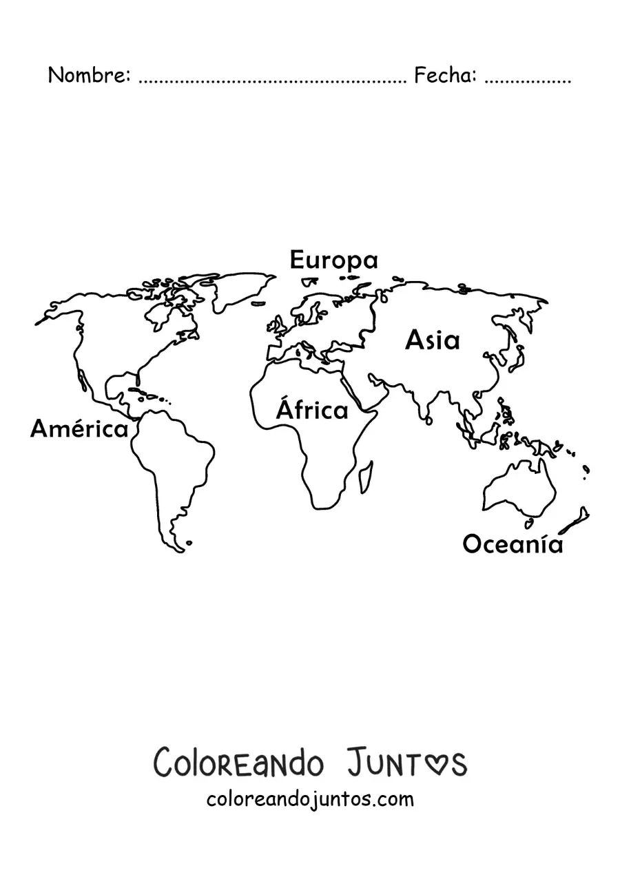 Imagen para colorear de mapamundi con los nombres de los continentes