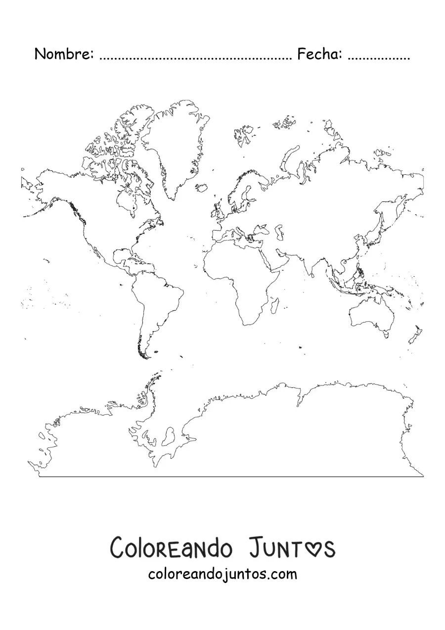 Imagen para colorear de mapamundi de mercator con la antártida