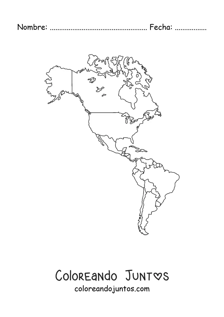 Imagen para colorear de mapa del continente americano sin nombres