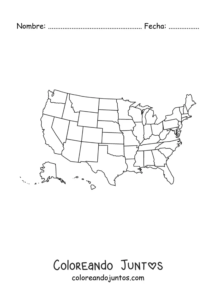 Imagen para colorear de mapa político de Estados Unidos