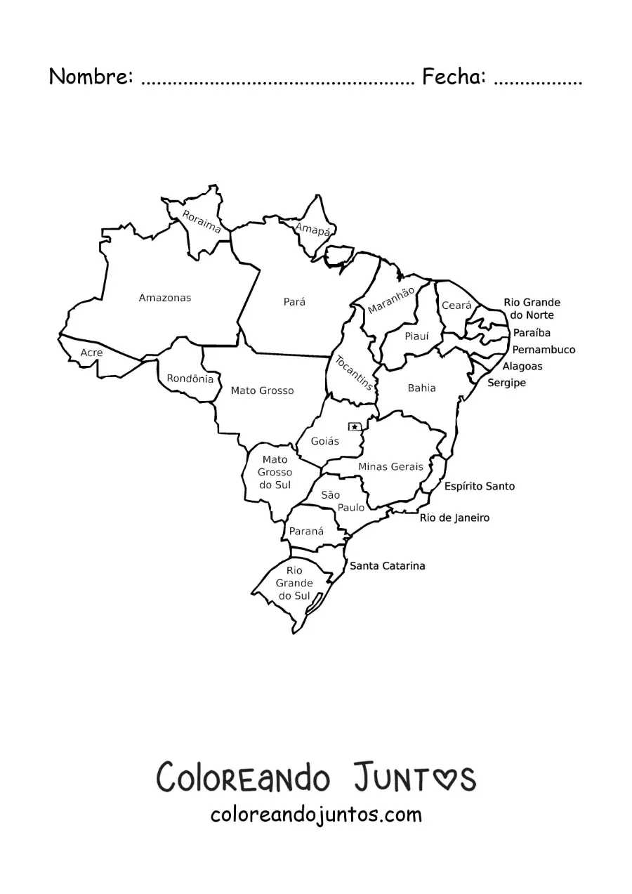 Imagen para colorear de mapa político de Brasil con nombres