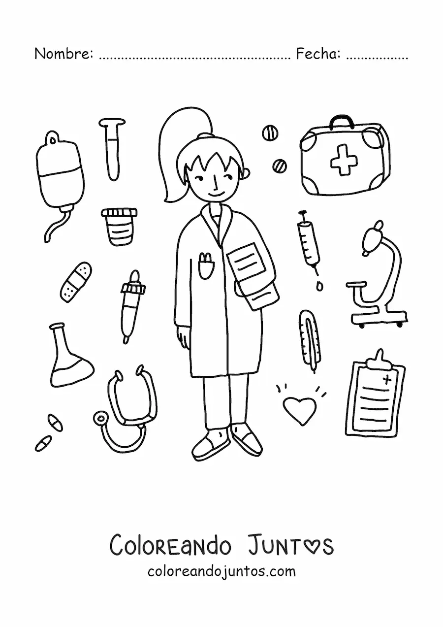 Imagen para colorear de una doctora animada rodeada de instrumentos médicos