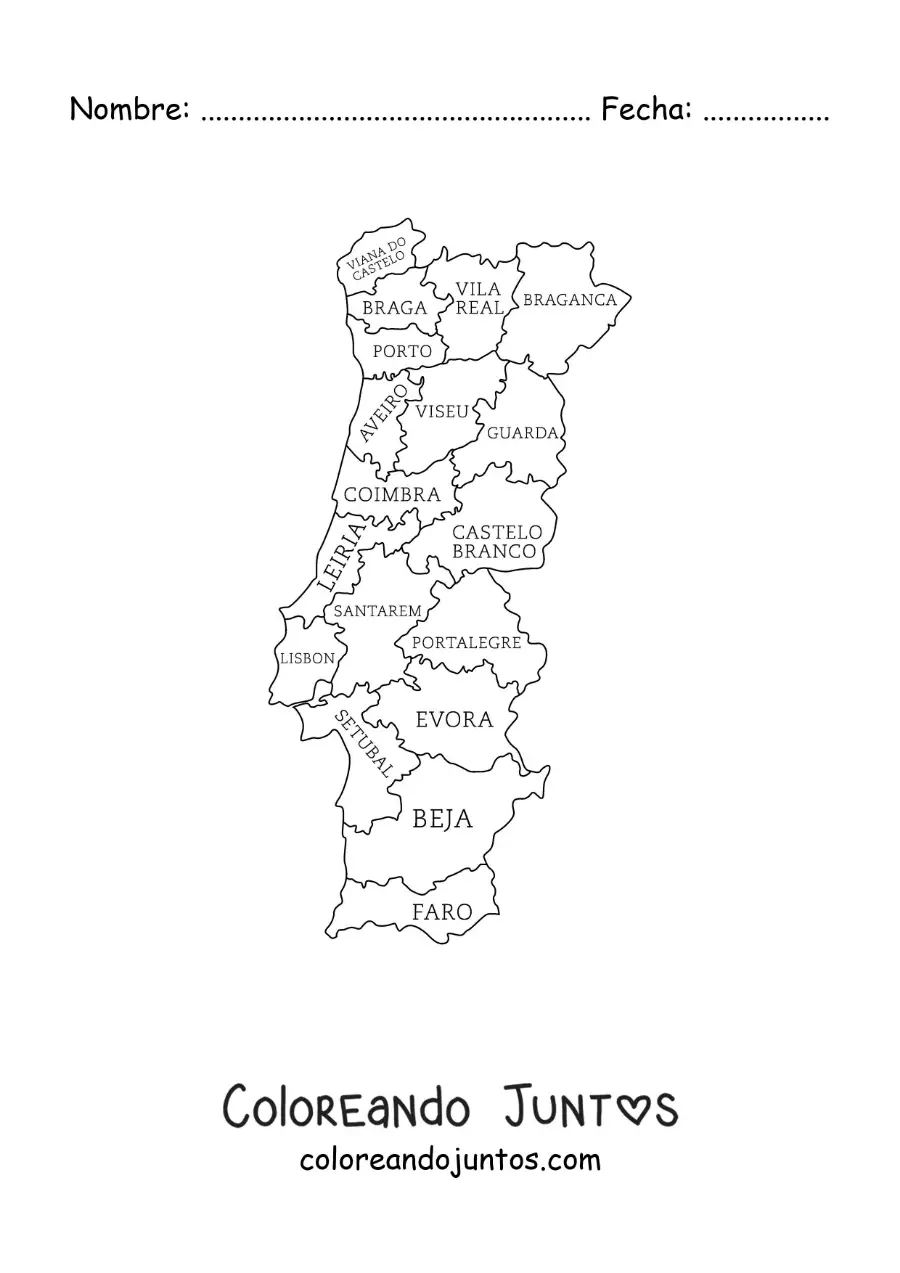 Imagen para colorear de mapa político de Portugal con nombres