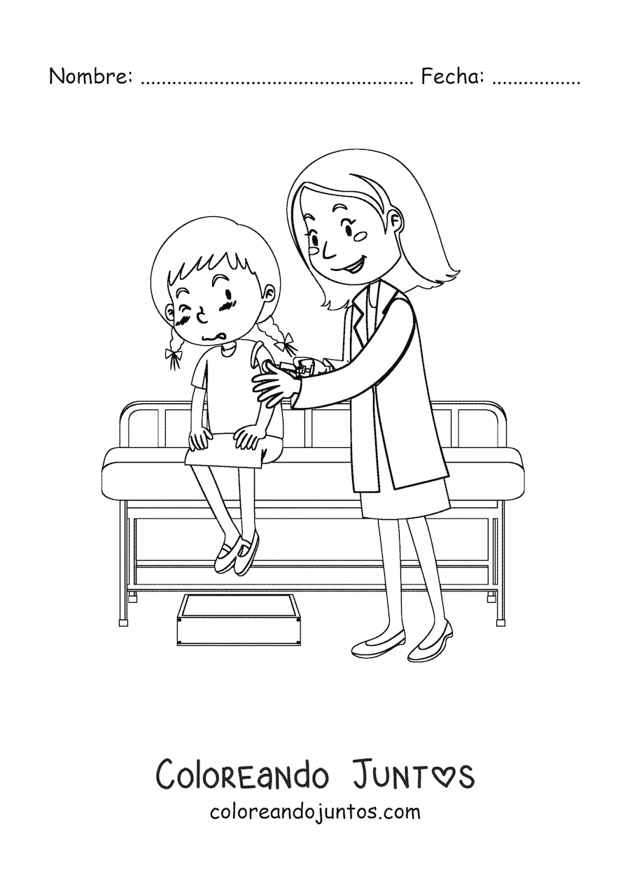 Imagen para colorear de una médico pediatra inyectando a una niña