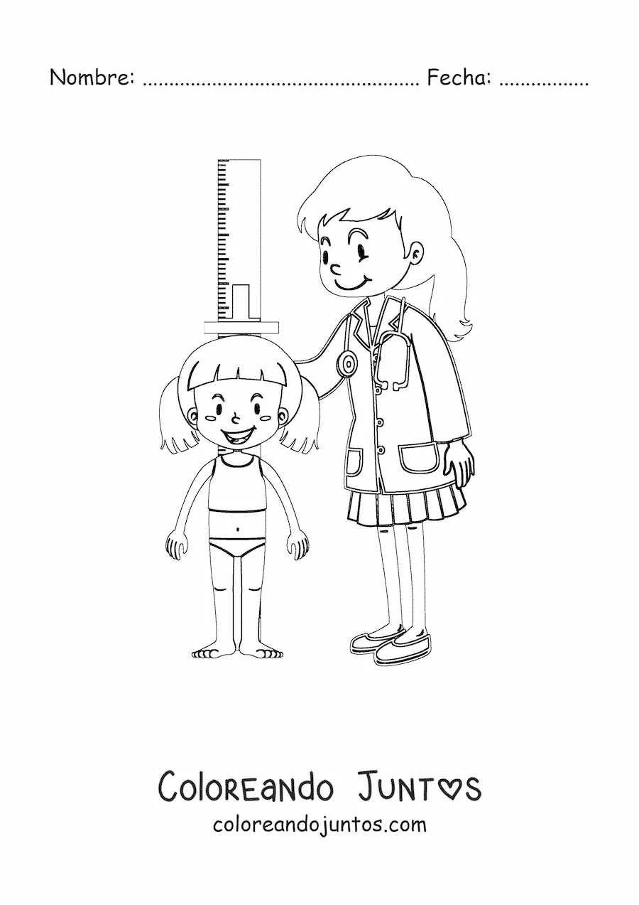 Imagen para colorear de una médico pediatra midiendo la estatura de una niña