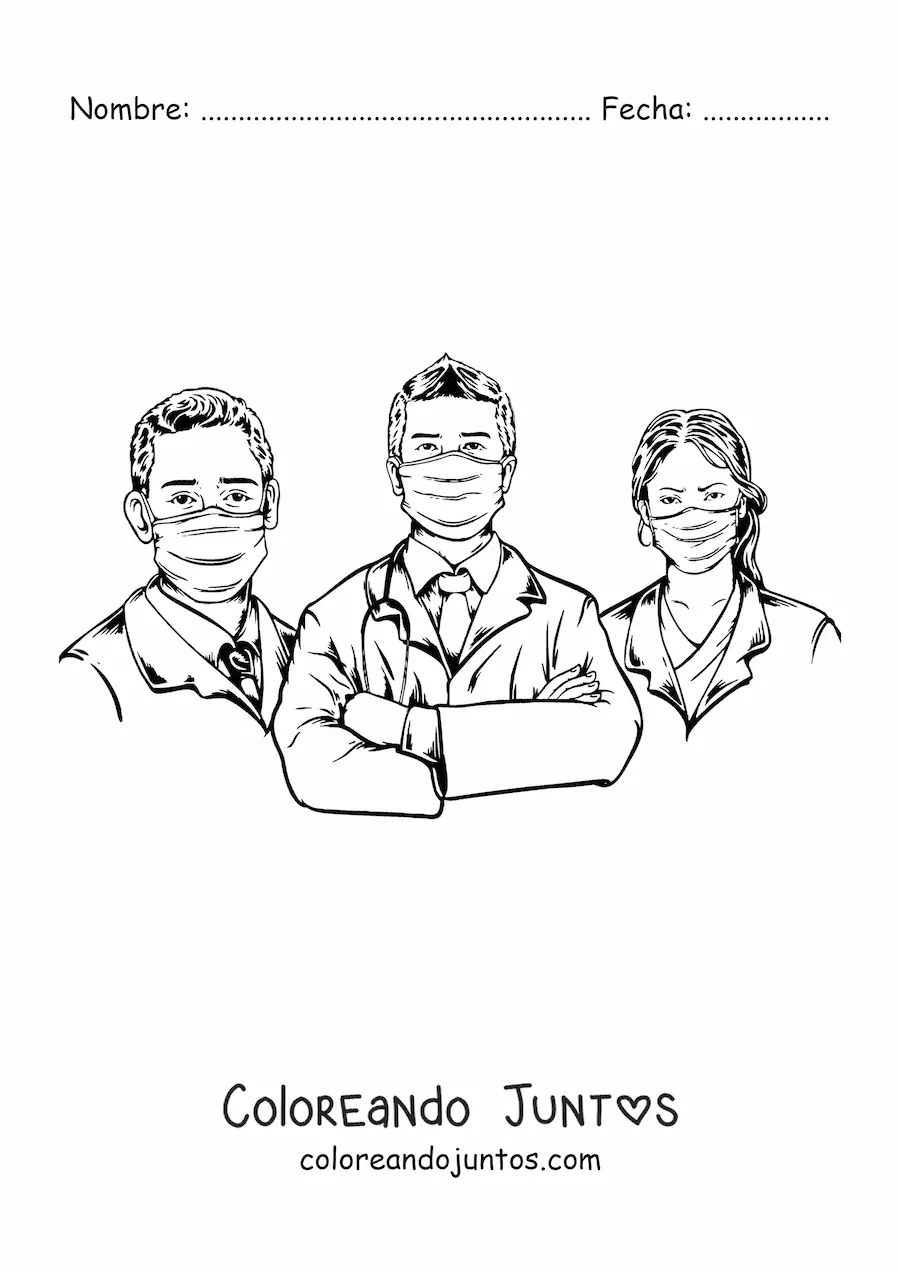 Imagen para colorear de tres doctores con mascarilla