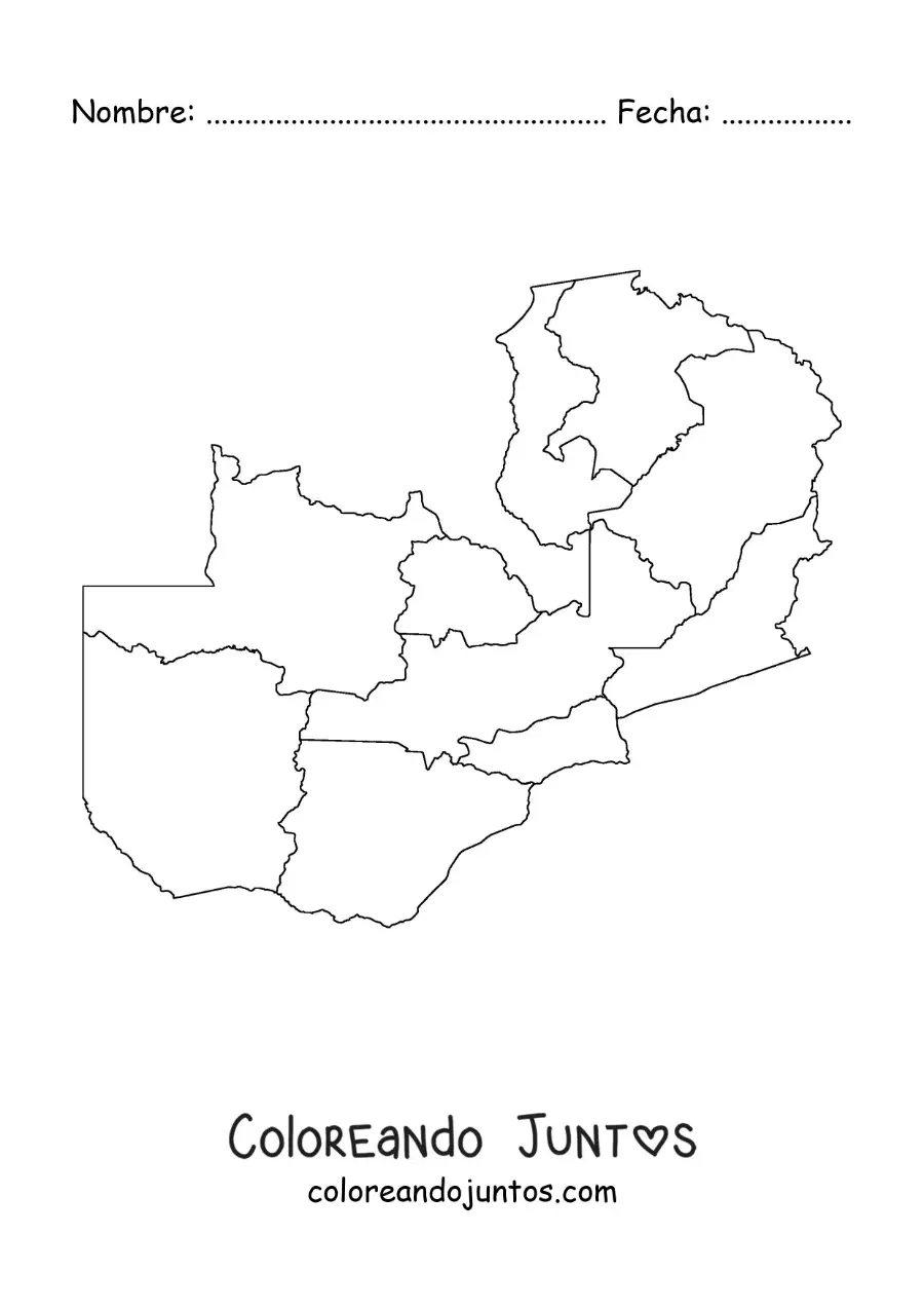 Imagen para colorear de mapa político de Zambia