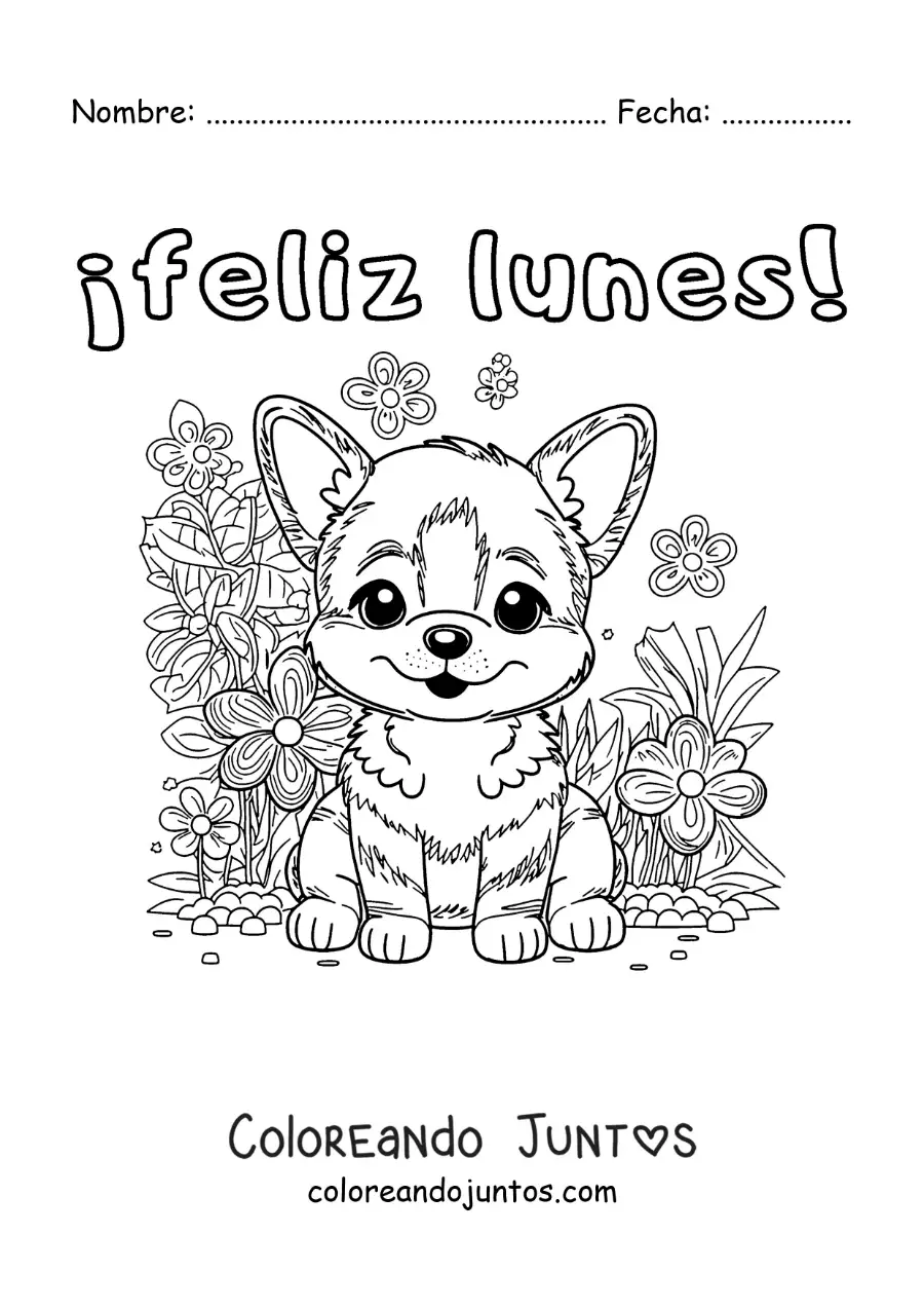 Imagen para colorear de feliz lunes con un perro kawaii animado con flores